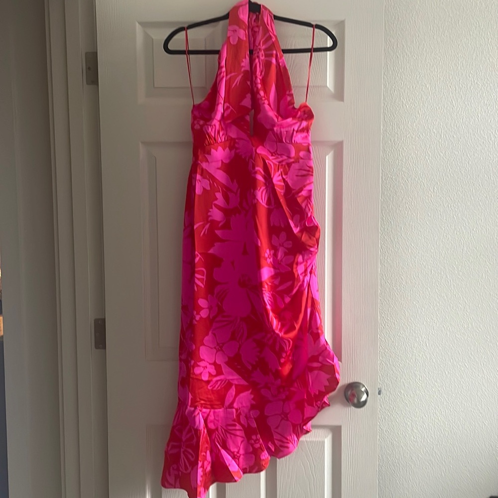Zadie Floral Asymmetrical Ruched Midi Halter Dress